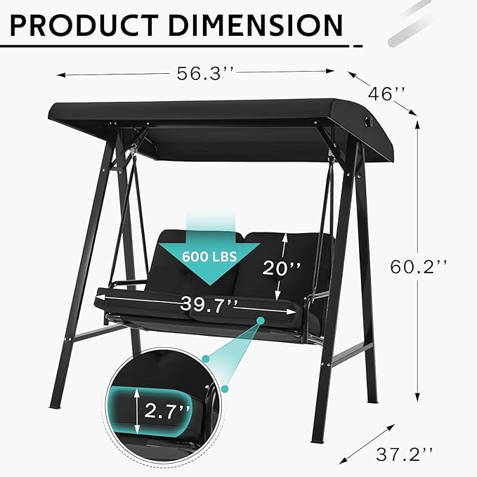 AECOJOY 2-Seat Outdoor Patio Swing Chair with Cover, Porch Swings Chairs for Adult, Outside Swing Bench with Adjustable Canopy&Removable Cushion, Black