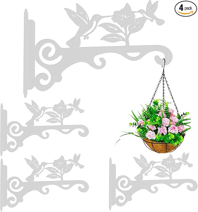 Elegant Bird Pattern Wall Hooks - 10/12/14 Inch Metal Plant Hangers for Indoor & Outdoor - Rust-Resistant Bracket for Plants, Feeders, Chimes, Lanterns (4, White, 10 inch)