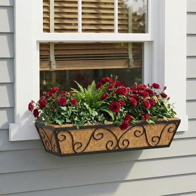 Y&M 24 Inch Window Deck with Coco Liner, Fence Metal Hanging Flower Planter Window Basket Deck Railing Planter Boxes for Outdoor Garden Lawn-Butterfly, 6pcs