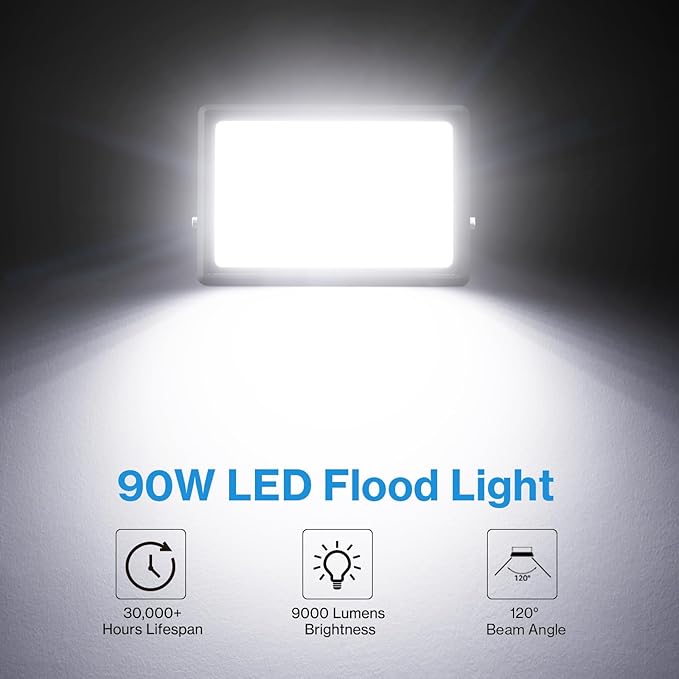 Olafus 2 Pack 90W LED Flood Light Outdoor, 9000LM Super Bright LED Work Lights Plug in, 6500K IP66 Waterproof Exterior Floodlight for Yard Lawn Garden