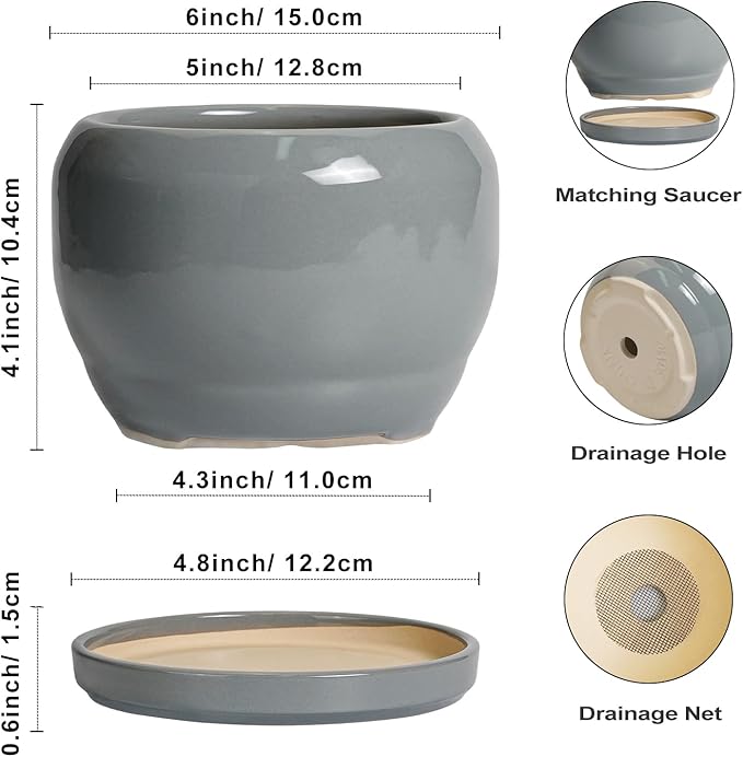SQOWL 6 Inch Plant Pots - Ceramic Planter with Drainage Hole and Saucer, Round Ceramic Flower Pot Indoor Outdoor, Modern Succulent Planter, Bathroom Decor, Gifts for Plant Lovers, Grey
