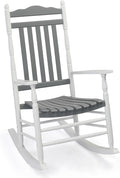 VINGLI Wooden Rocking Chair, Outdoor Chair with 450 lbs Support, Relaxing Rocker with Solid Wood High Back Seat Reclining Seat for Deck, Garden, Backyard, Porch (White & Grey, 1PC)