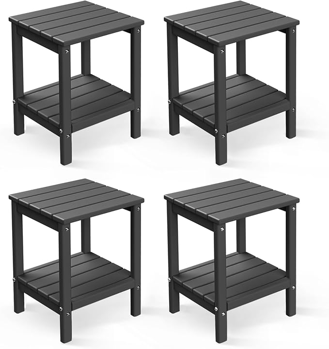 GREENVINES Adirondack-Outdoor-Side-Table | Set of 4 | 14 x 13 Inches | HDPE Plastic | All Weather | Grey | Outside End Tables | Storage Shelf | for Patio Porch Backyard Indoor