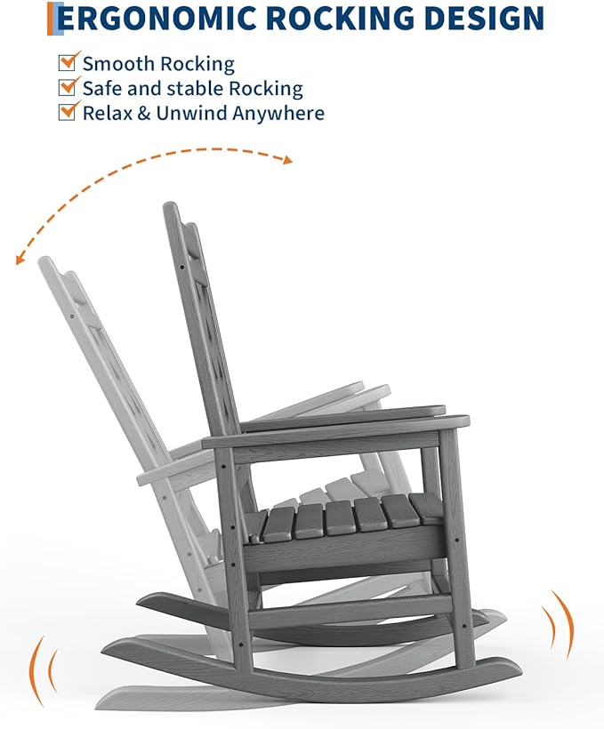 GarveeLife Outdoor Rocking Chair Set of 4, HDPE Weather Resistant Patio Rocking Chair Porch Rocker with Wood Texture & 380 LBS Support for Deck, Pool, Backyard, Gray