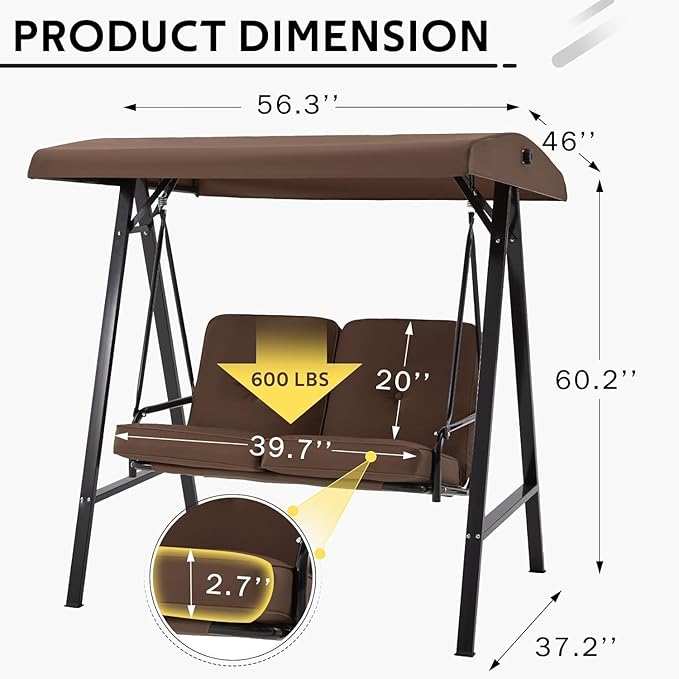 AECOJOY 2-Seat Outdoor Patio Swing Chair with Cover, Porch Swings Chairs for Adult, Outside Swing Bench with Adjustable Canopy&Removable Cushion, Brown