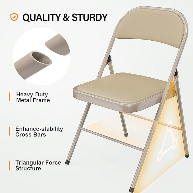 VINGLI 6 Pack Folding Chairs with Padded Seats, Metal Frame with Pu Leather Seat & Back, Capacity 350 lbs, Set of 6, Khaki