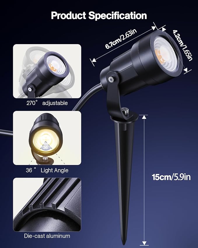HIBOITEC 12 Pack Low Voltage Landscape Lighting, 5W LED Landscape Spotlights with Fastlock Connectors, 2900K Warm White, 12-24V AC/DC Outdoor Waterproof Spot Light for Trees, Yard & Walls,CRI92+