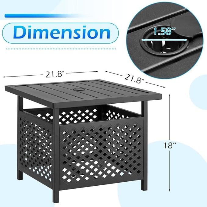PHI VILLA Outdoor Patio Side Table Set of 2, 22" Small Black Metal Square End Table with Umbrella Hole, Outside Coffee Bistro Table for Porch, Deck, Balcony, Indoor