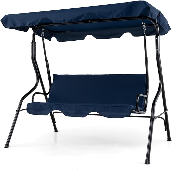 Porch Swing Outdoor, 3 Person Patio Swing w/Removable Cushion, Stand & Adjustable Canopy, Heavy Duty Swing Chair for Patio, Garden, Courtyard, Poolside