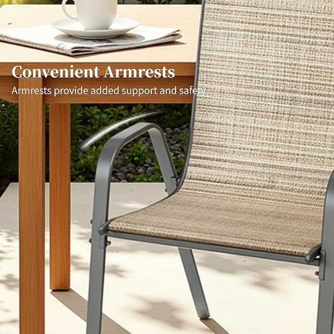 MAMIZO Patio Dining Chairs, Stackable All Weather Teslin Chair, Heavy Duty Outdoor Breathable Chairs Set, w/Armrests, Upgraded Chair FeetW/Strenthened Iron Spacers, 330 LBS (4, Brown)