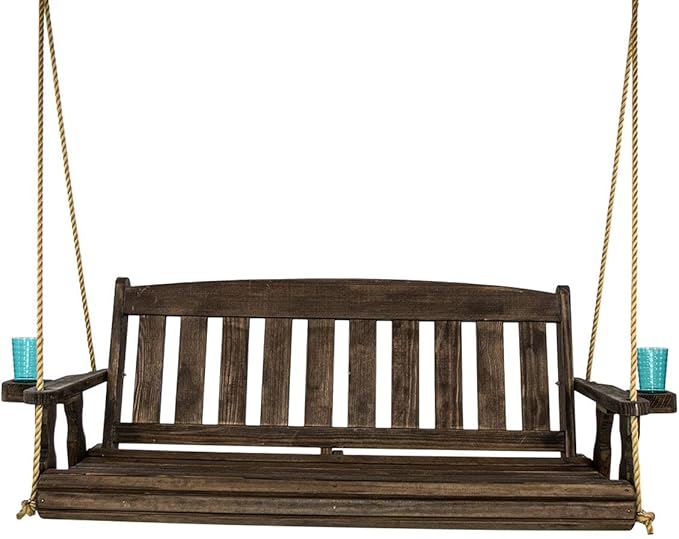 Amish Casual Heavy Duty Mission Treated Porch Swing, 6-Foot, Dark Walnut Stain, 8Ft Chains, with Cups