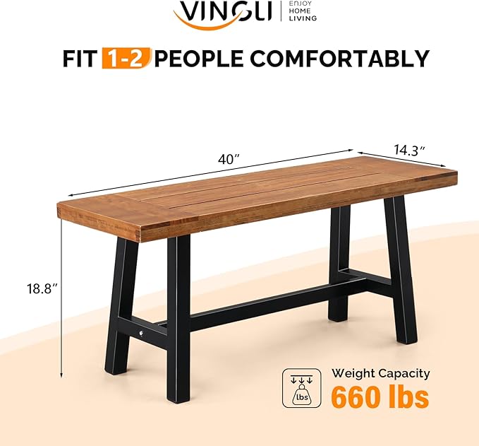 VINGLI Outdoor Bench with Metal Legs Rustic, Wood Dining Bench Indoor Outdoor Porch Benches for Yard Garden Dining (40in)