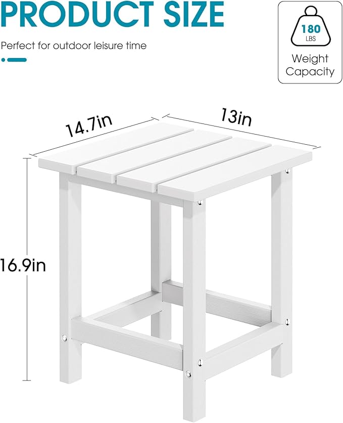 MUCHENGHY Adirondack Outdoor Side Table, 14.7" Patio Side Table Weather Resistant, HDPE Outdoor End Tables for Patio, White