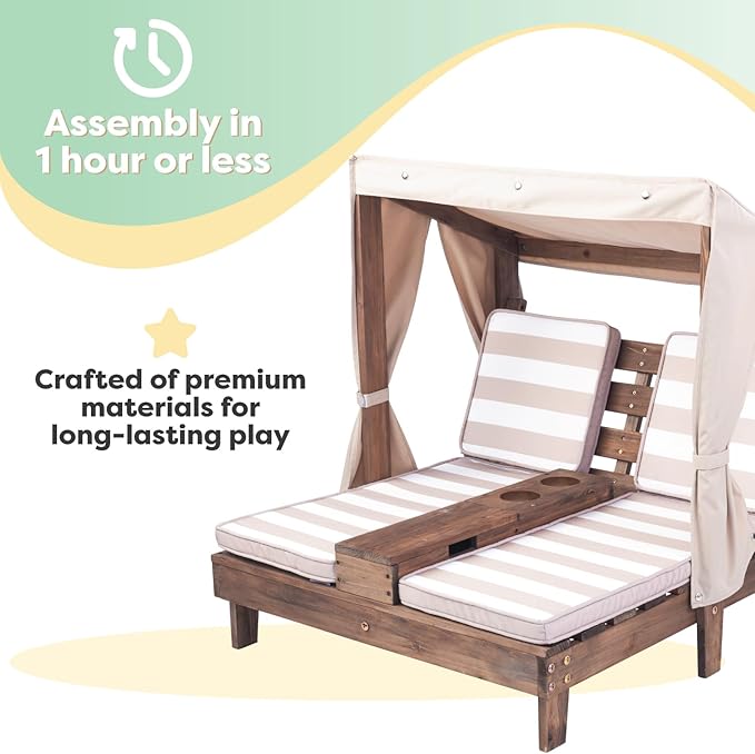 KidKraft Wooden Outdoor Double Chaise Lounge with Cup Holders, Patio Furniture for Kids or Pets, Espresso with Oatmeal and White Striped Fabric