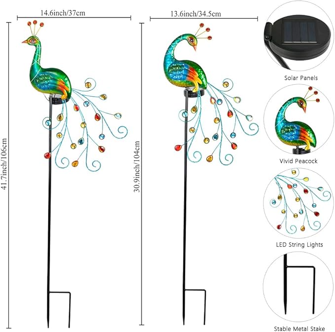 DREAMSOUL 2 Pack Peacock Solar Lights Outdoor, Tall Waterproof LED Outdoor Solar Lights for Yard Pathway Peacock Decor