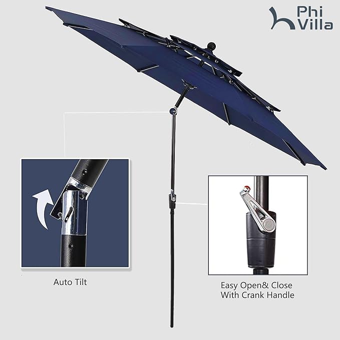 PHI VILLA 5 Pieces Outdoor Dining Set for 4 with Umbrella, 42" Large Round Metal Steel Table & Stackable Iron Chairs with Cushions & 10ft Blue Umbrella, Modern Furniture for Patio, Deck, Yard, Porch
