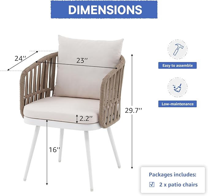 SUNSITT Patio Dining Chairs Set of 2, Outdoor Metal Dining Chairs with Woven Rope, All-Weather Patio Arm Chairs w/Cushions, Porch, Garden, White