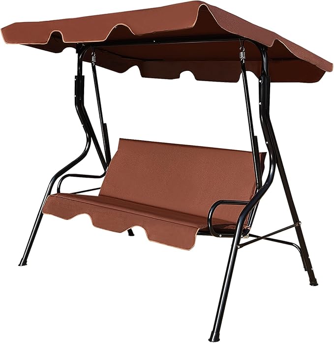 Porch Swing Outdoor, 3 Person Patio Swing w/Removable Cushion, Stand & Adjustable Canopy, Heavy Duty Swing Chair for Patio, Garden, Courtyard, Poolside