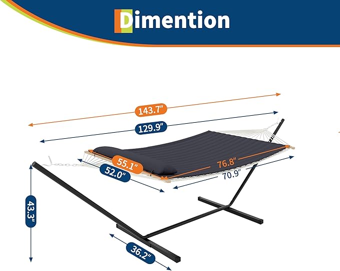 2 Person Outdoor Hammock with Stand, Portable Hammock, Heavy Duty Hammock with Soft Pillow, Balance Ropes, for Patio, Backyard, Garden, Beach, Gray
