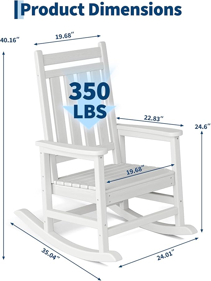 HDPE Rocking Chair Outdoor Set of 4 - Poly High Back Porch Rocker Chairs for Adults - All Weather Resistant Furniture for Patio Front Porch - White