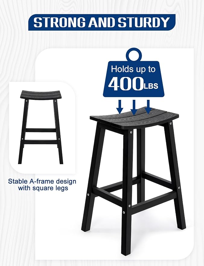 Weatherproof Bar Stools Set of 4, 28" Height Outdoor Bar Stools Holds up to 400 lbs, Saddle Seat, Bar Height Stools for Patio, Garden, and Kitchen Island, Black