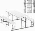 VINGLI Folding Picnic Table and Bench Set, Portable Outdoor Dining Furniture for Camping, Patio, Backyard, Wood Grain Plastic Top with Metal Frame (White)