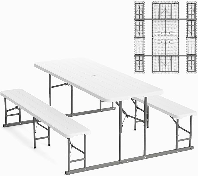 VINGLI Folding Picnic Table and Bench Set, Portable Outdoor Dining Furniture for Camping, Patio, Backyard, Wood Grain Plastic Top with Metal Frame (White)