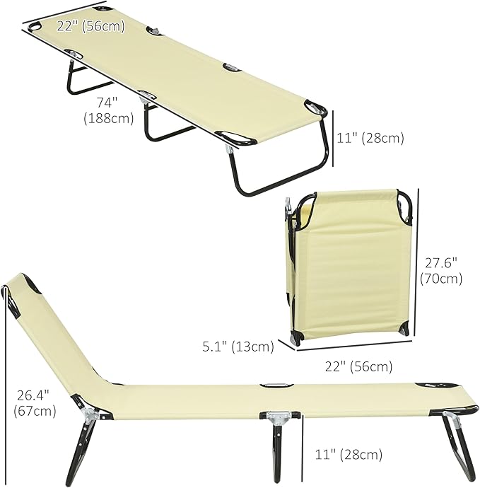 Outsunny 2 Piece Folding Chaise Lounge Pool Chairs, Outdoor Sun Tanning Chairs with 5-Level Reclining Back, Steel Frame for Beach, Yard, Patio, Beige