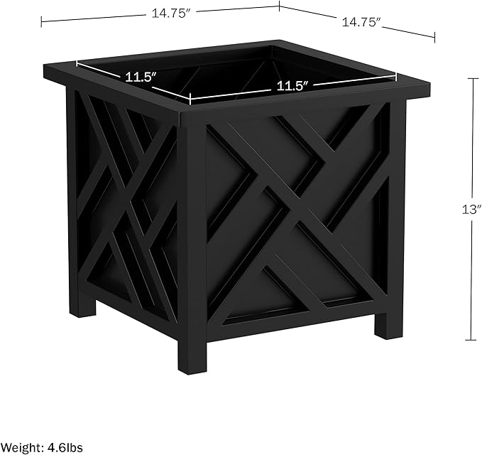 Lattice Design Planter Box 2-Pack – 14.75-Inch Decorative Outdoor Flower or Plant Pots – Front Porch, Patio, and Garden Decor by Pure Garden (Black)