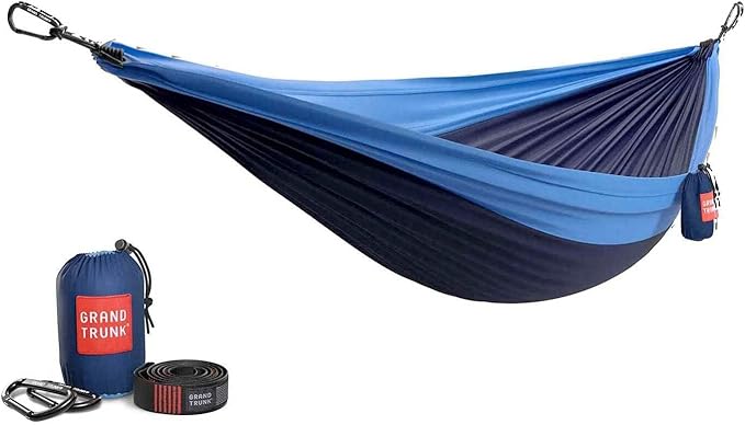 GRAND TRUNK TrunkTech Double Hammock | Ultra-Strong & Lightweight | 11 ft Hammock with Ripstop Nylon | 500 lb Capacity | Fast-Drying & Weather-Resistant | Navy/Light Blue