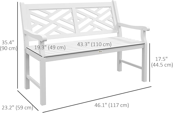Outsunny Outdoor Garden Bench, Wooden Frame Patio Bench with Geometric Pattern, 43.25 Inch Weatherproof 2-Person Love Seat for Garden, Lawn, Porch, Yard, Work Entryway, White
