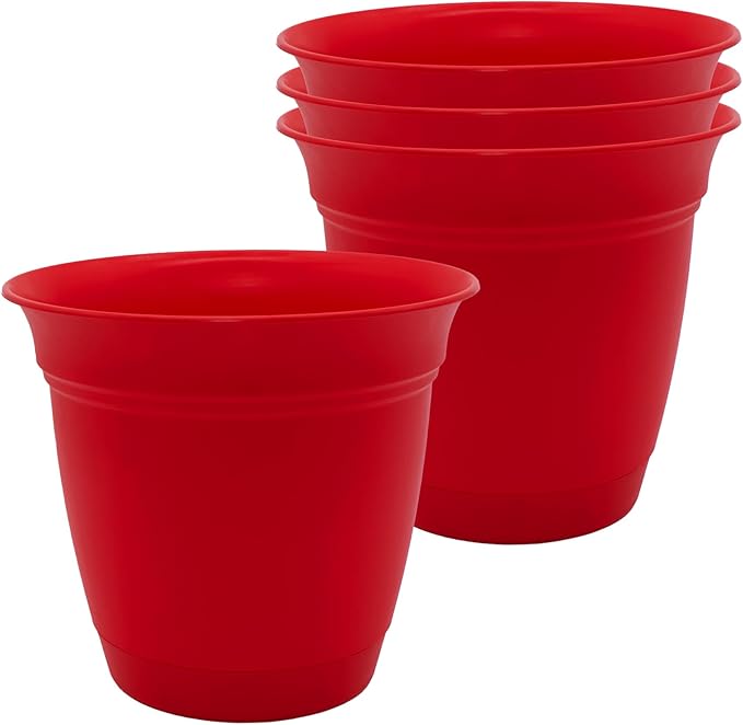The HC Companies 8 Inch Eclipse Round Planter Pots with Drainage Holes & Attached Saucer, Lightweight UV-Resistant Plastic Indoor & Outdoor Planters, 4-Pack Flower Pots for Garden & Home Decor, Red