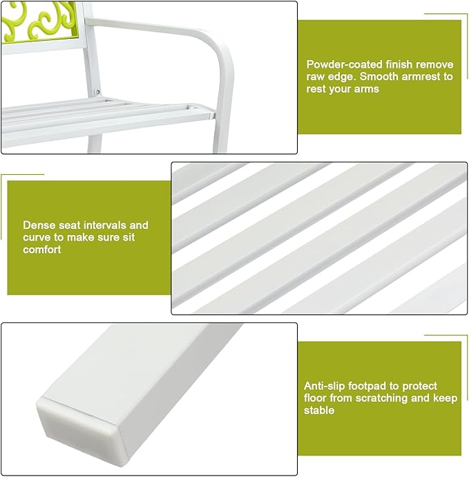VINGLI Outdoor Bench for Patio Metal Garden Bench w/PVC Back Pattern, Black Park Benches Front Porch Benches for Yard Lawn Decor Deck Entryway (White&Green)