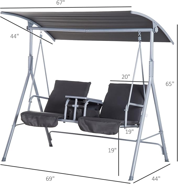 Outsunny 2 Person Porch Swing with Stand, Outdoor Swing with Canopy, Pivot Storage Table, 2 Cup Holders, Cushions for Patio, Backyard, Gray
