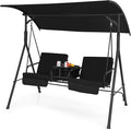Tangkula 2 Person Porch Swing, Outdoor Swing with Pivot Storage Table, Cooler Bag, 2 Cup Holders, Removable Cushions, Patio Swing with Canopy for Backyard Balcony Poolside (Black)