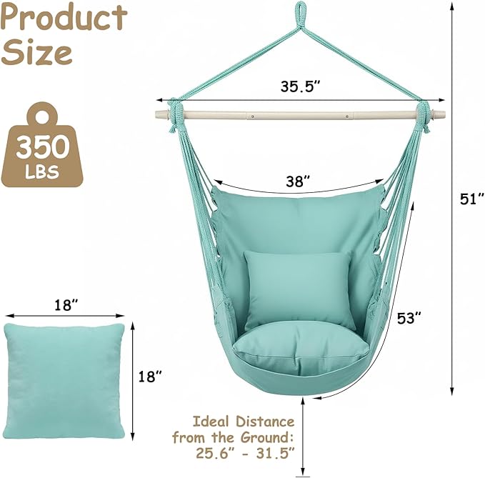 Athena Collection Hammock Chair Hanging Rope Swing Chair with 2 Cushions, Max 350 Lbs, Hanging Macrame Chair with Anti-Slip Grooves Spreader Bar and Pocket for Outdoor Indoor Patio Yard, Green
