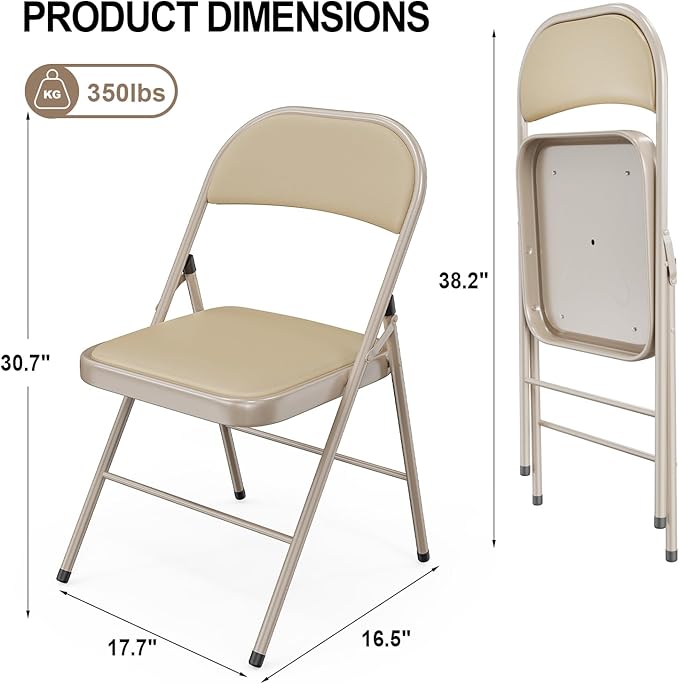 VINGLI 6 Pack Folding Chairs with Padded Seats, Metal Frame with Pu Leather Seat & Back, Capacity 350 lbs, Set of 6, Khaki