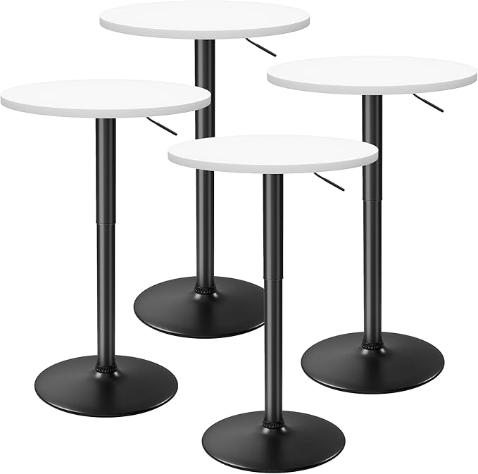 Flamaker Round Bistro Pub Table 23.6 Inch Height Adjustable 360° Swivel Bar Table Metal Base for Pub, Dining Room, Party (4, White-Black)