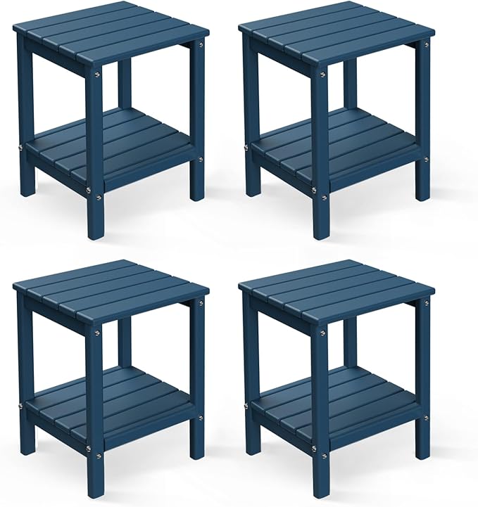 GREENVINES Adirondack-Outdoor-Side-Table | Set of 4 | 14 x 13 Inches | HDPE Plastic | All Weather | Blue | Outside End Tables | Storage Shelf | for Patio Porch Backyard Indoor