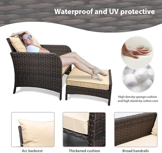 LEVELEVE Balcony Furniture 5 Piece Patio Conversation Set, PE Wicker Rattan Outdoor Lounge Chairs with Soft Cushions 2 Ottoman&Glass Table for Porch, Lawn-Brown Wicker