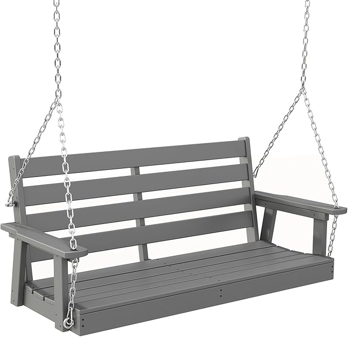 IVY&LANE Outdoor Porch Swing | HDPE Plastic | 2-Person | Hanging Bench Swings | Weatherproof | 4 Stainless Steel Chains | Grey | for Outside Patio Garden Backyard Tree