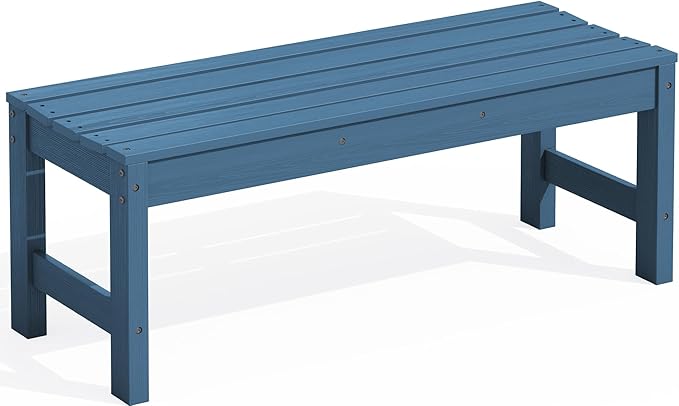 SERWALL 47 Inches Outdoor Bench, All Weather HDPE Backless Bench with Wood Grain Texture for Garden Porch and Park, Curved Bench Seat for Comfort, Blue
