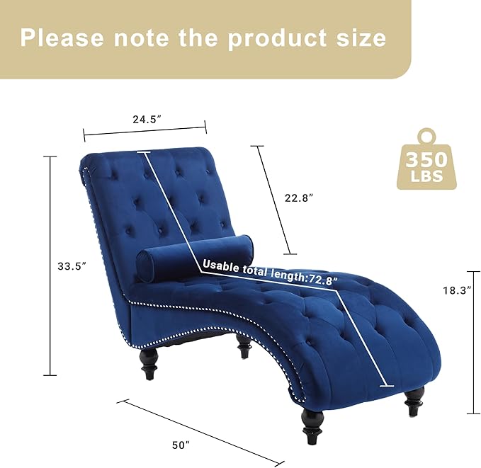 Chaise Lounge Indoor,Velvet Upholstered Lounge Chair Button-Tufted Armless Chair with Pillow, for Bedroom Living Room Office Modern Backrest Leisure Recliner Sleep Sofa,Blue