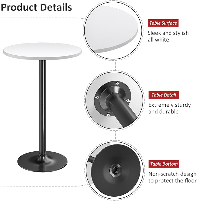 Furmax Bistro Pub Table Round Bar Height Cocktail Table for Home Bar, Small Round Bar Tables for Party, Dining Room, Living Room and Wedding, Metal Base MDF Top Obsidian, 40.6 Inch Height (1, White-1)