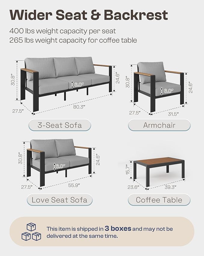 Aluminum Outdoor Patio Furniture Set with Coffee Table, 4 Piece Patio Conversation Sets with Washable Thick Cushions, Patio Sectional Furniture Set for Porch, Balcony, Yard, Gray