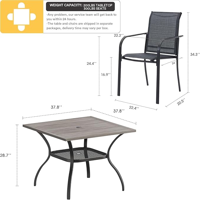 VICLLAX 5 Pieces Patio Dining Set, Outdoor Furniture Set Includes 1 Square Outdoor Table and 4 Stackable Patio Sling Chairs, Grey Wood Grain Tabletop and Grey Fabric