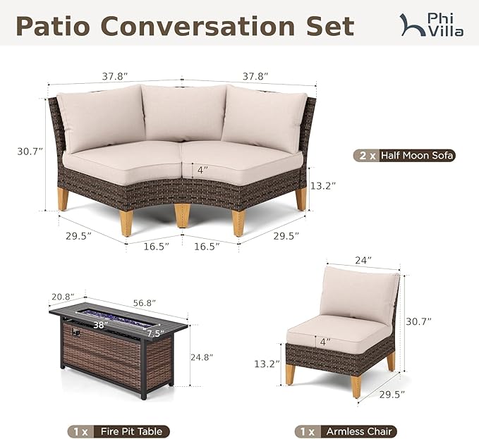 PHI VILLA Half Moon Patio Furniture Set with 56" Fire Pit Table, Outdoor Curved Wicker Sectional Sofa with Cushions and Ottomans, Beige