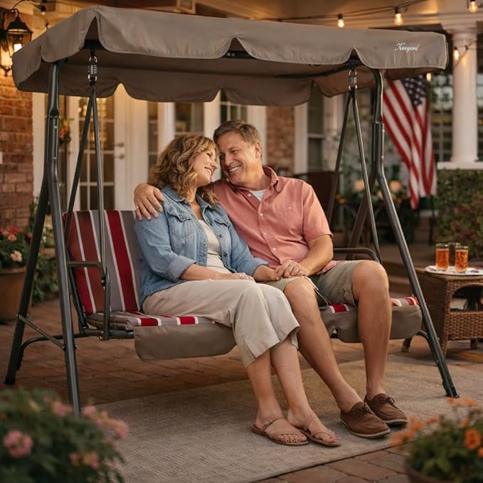 Kozyard Alicia 3-Seat Patio Swing, Outdoor Canopy Swing with Steel Frame, Adjustable Canopy and Removable Cushions for Porch Patio Garden Poolside, Red Stripe