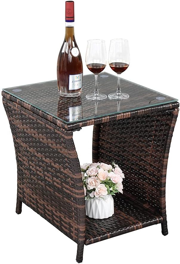 Wicker Rattan Side Table, Outdoor Square Rattan Coffee End Table with Tempered Glass Top and Storage for Patio Porch Lawn (Brown)