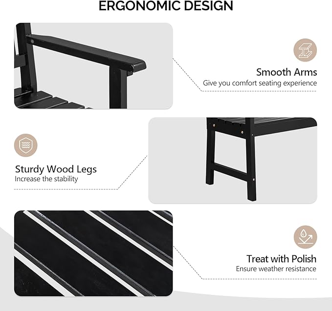 VINGLI 47" Outdoor Wood Bench, All Weather Outdoor Wooden Patio Garden Bench, Outside Loveseat 660lbs Capacity for Front Porch Park Entryway (Black)